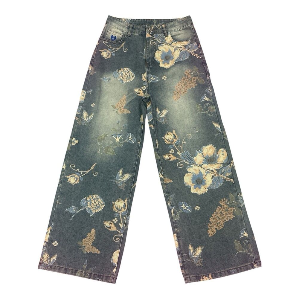 Aelfric Eden Floral Baggy Jeans Y2K Wide Leg High Waisted Denim Graphic Sz 30